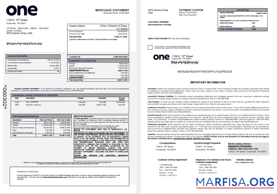 Printable USA One bank mortgage statement in Word and PDF formats 1 2 example